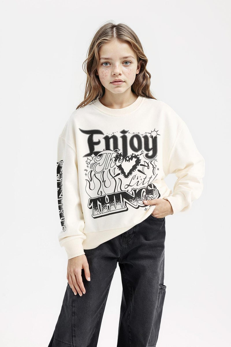 DeFacto Beige Girl Girl Oversize Mold Crew Neck Sweatshirt Casual - Image 1